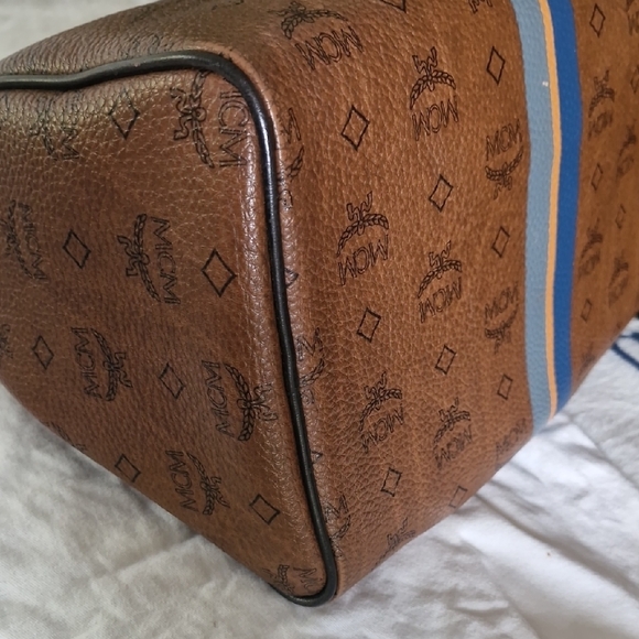 MCM Cognac Visetos Duffel Bag with Blue Stripe - Picture 11 of 16